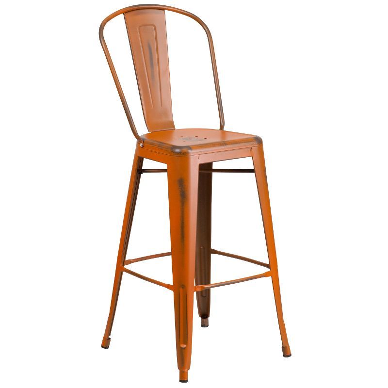 Distressed Orange Metal Indoor-Outdoor Barstool with Back