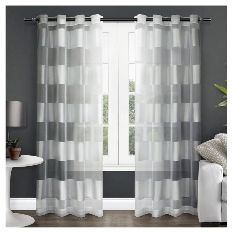 Navaro Striped Sheer Grommet Top Window Curtain Panels in Silver and White