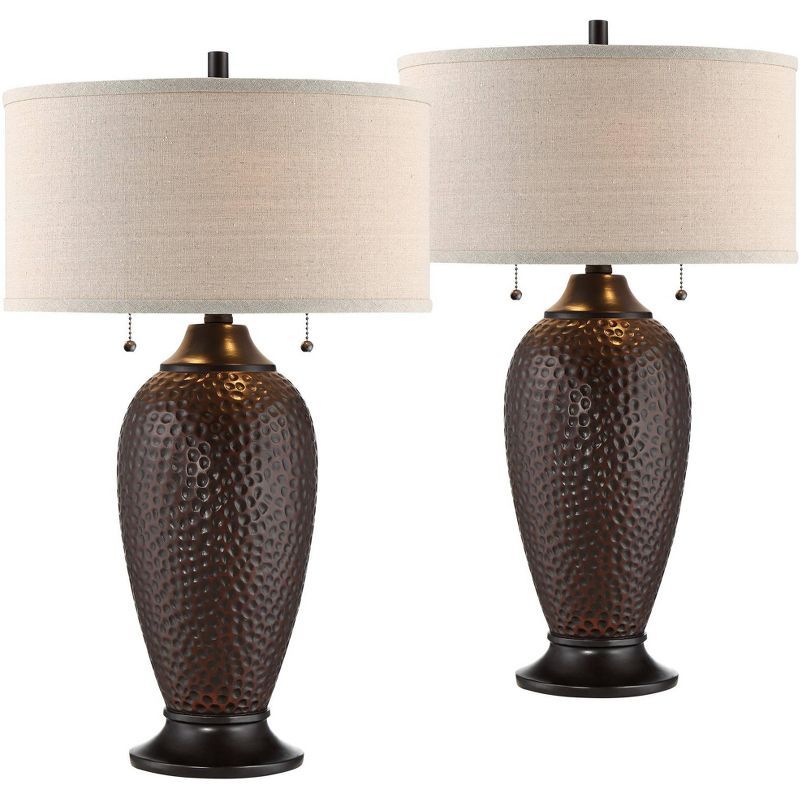 Cody Hammered Oiled Bronze Table Lamps with Oatmeal Linen Shades, Set of 2