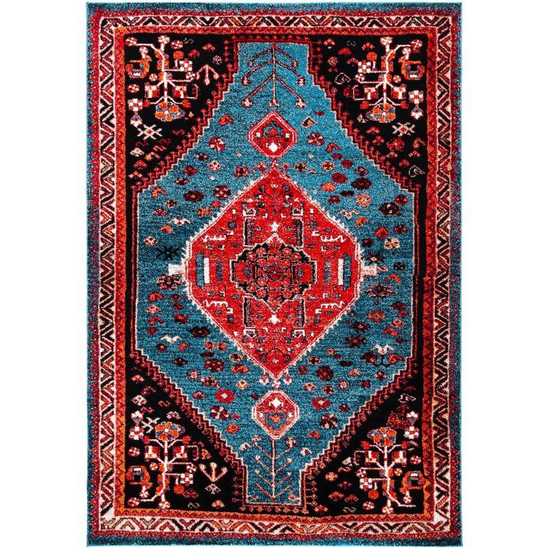 Turquoise and Red Synthetic Round Oriental Area Rug