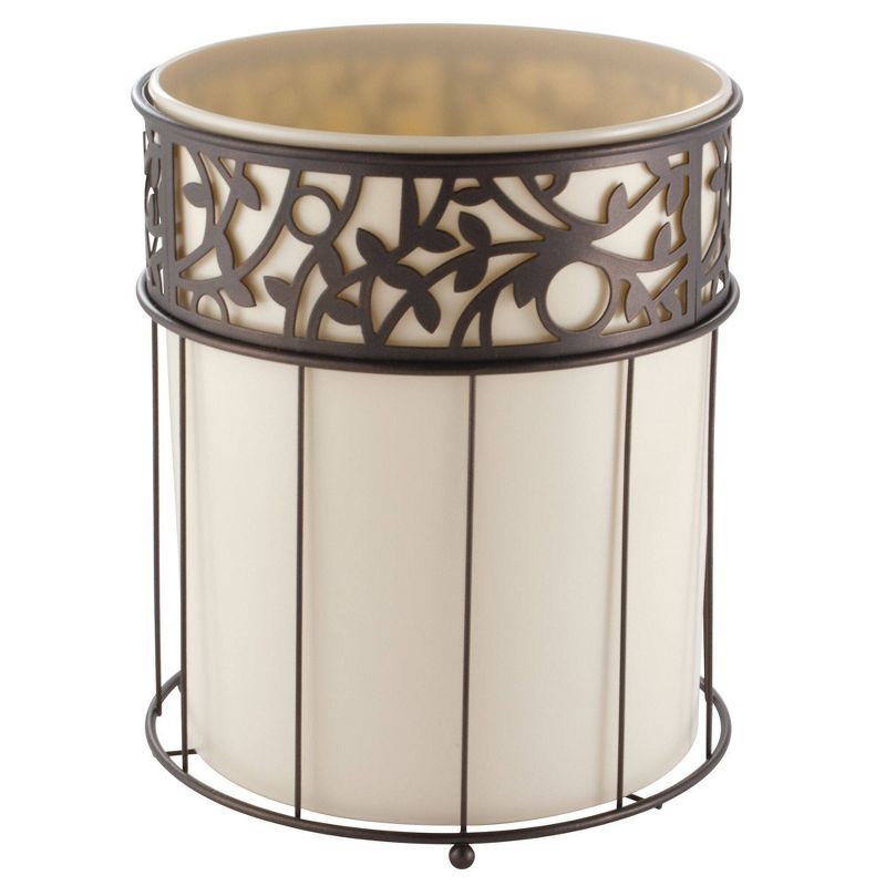 Vanilla and Bronze Metal Wastebasket with Vine Design