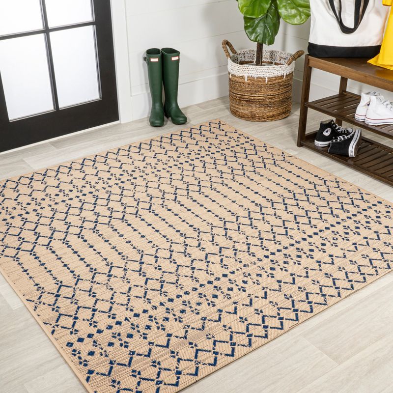 Boho-Chic Moroccan Geometric Navy/Beige 5' Square Synthetic Area Rug