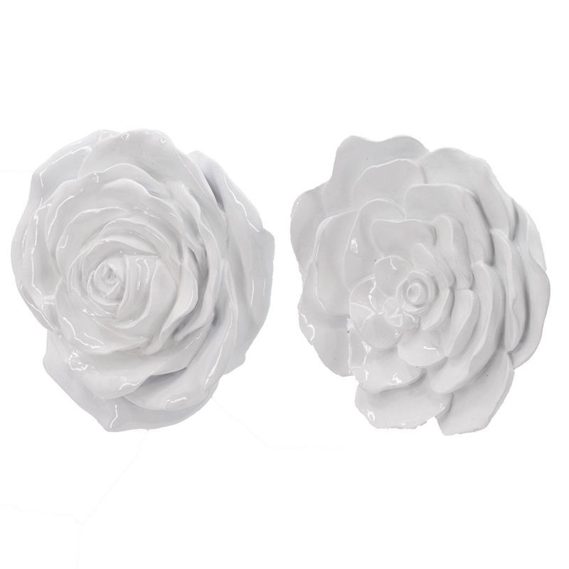 White Resin Floral Rose Wall Accents, Set of 2