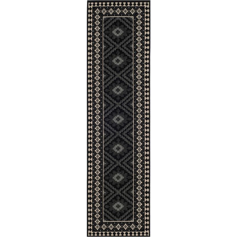 Elegant Black and Cream Washable Synthetic Runner Rug, 2'3" X 6'7"