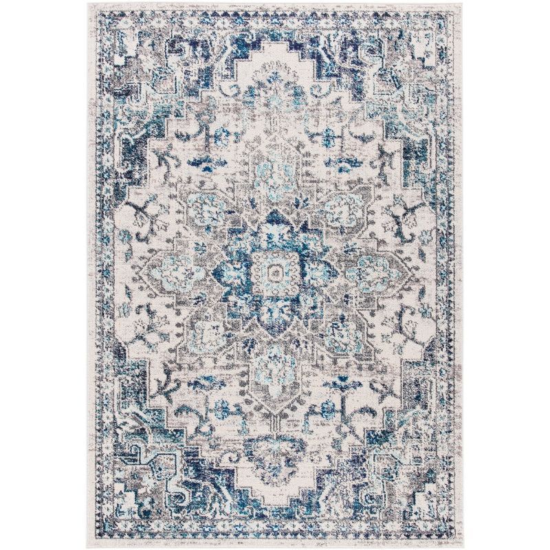 Ivory and Grey Synthetic 6' x 9' Distressed Medallion Area Rug