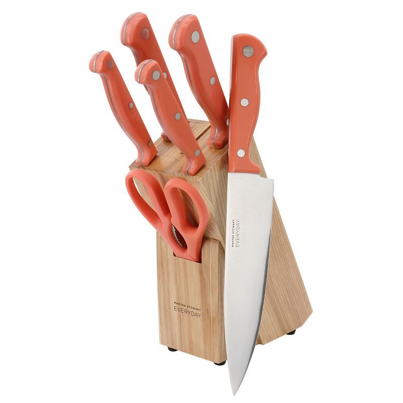 Keswick 7 Piece Stainless Steel Knife Set with Coral Handles and Wood Block