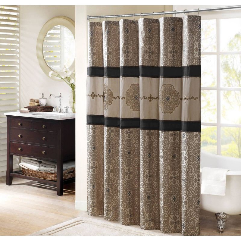 Donovan Black and Beige Embroidered Fabric Shower Curtain