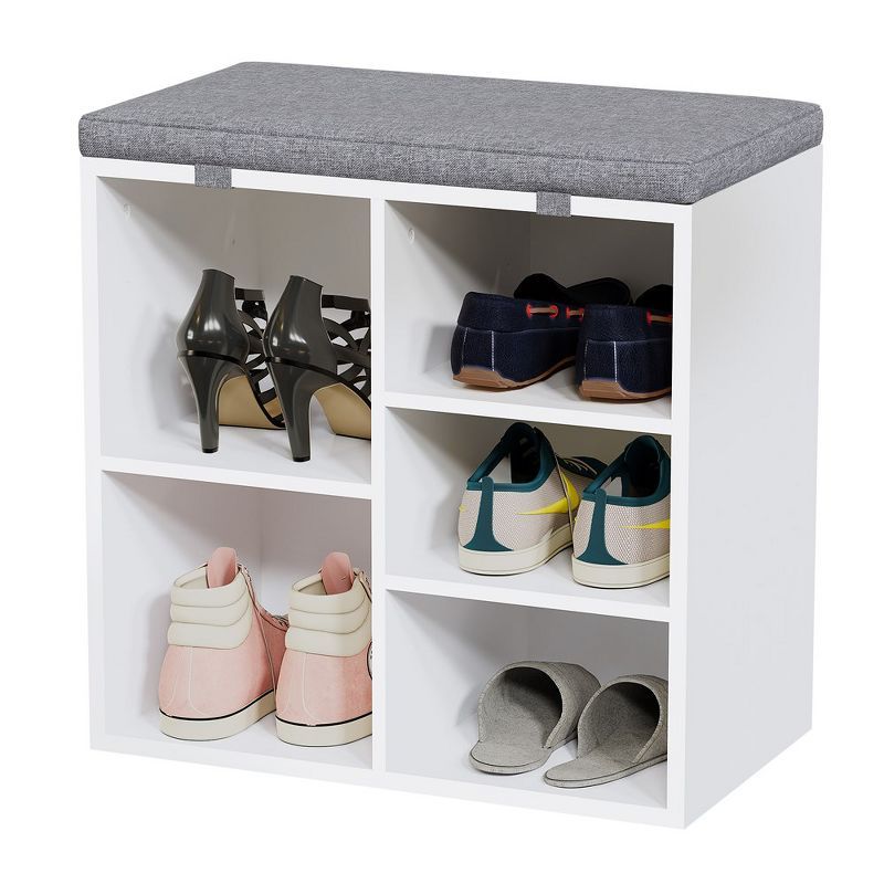 White Shoe Storage Bench with Gray Foam Cushion and Cubby Organizer