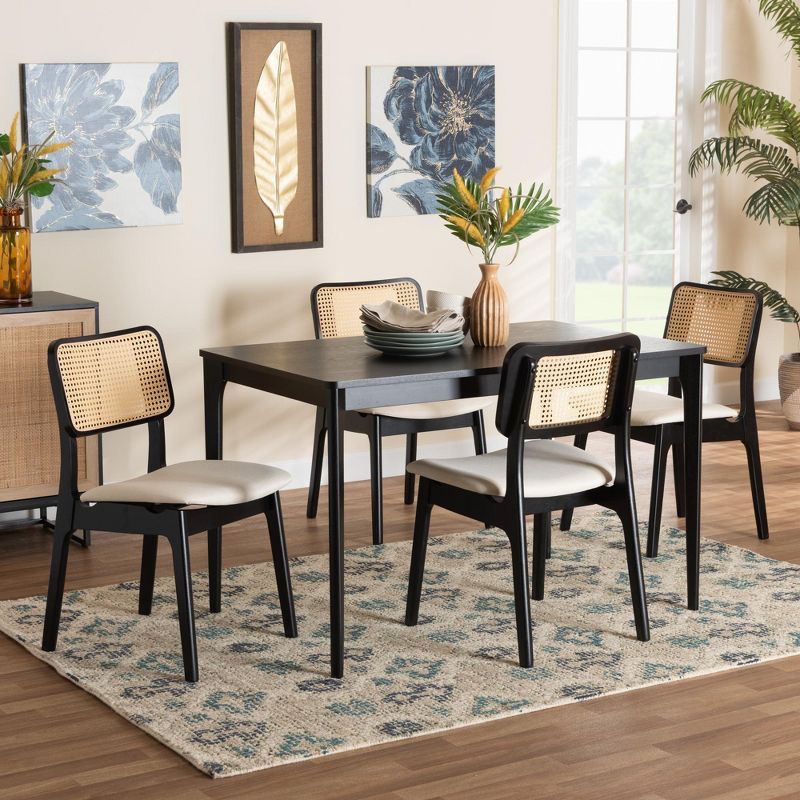 Dannon Black and Cream Oak 5-Piece Dining Set with Woven Rattan Backrests