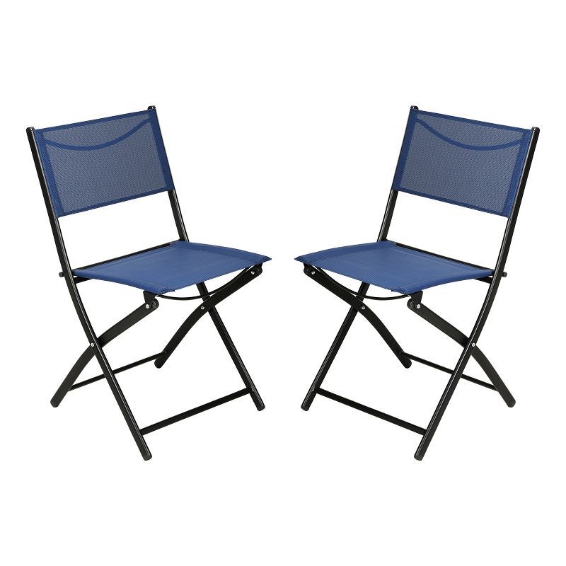 Navy Polyester Armless Folding Chairs with Black Steel Frame, Set of 2