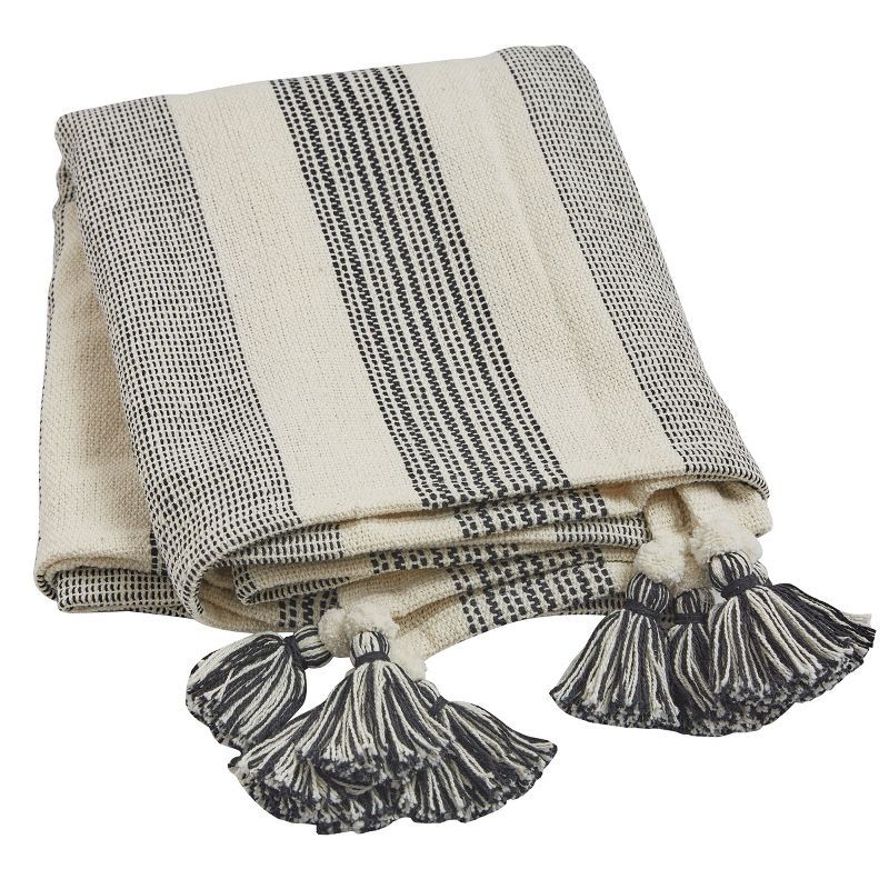 Off-White and Black Cotton Striped Throw Blanket with Tassels