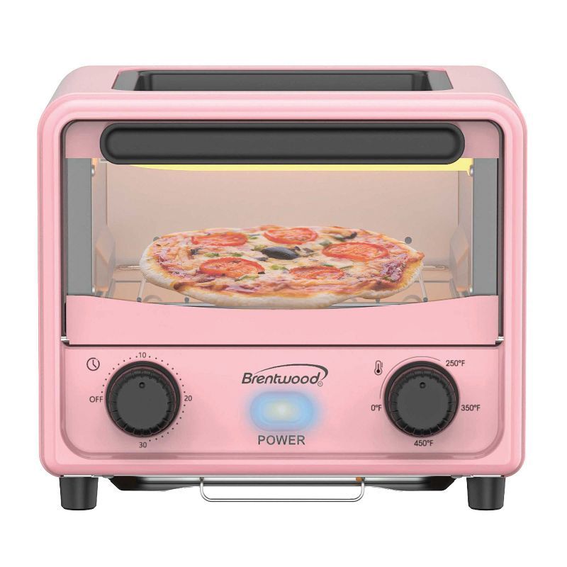 Pink Stainless Steel Mini Toaster Oven with Cooking Controls