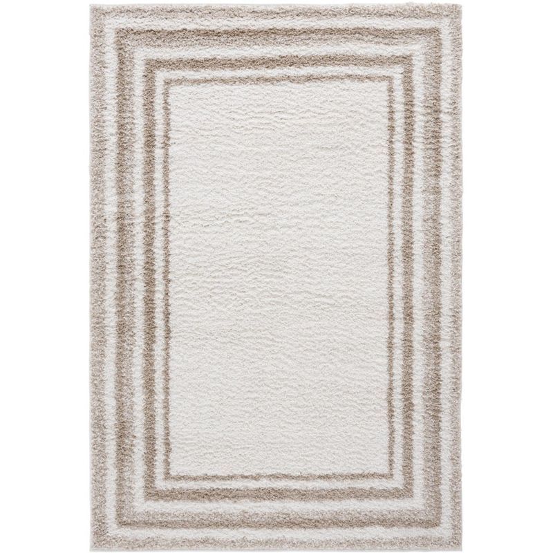 Ivory Beige Tufted Stripe Shag Wool Area Rug 59" x 9"
