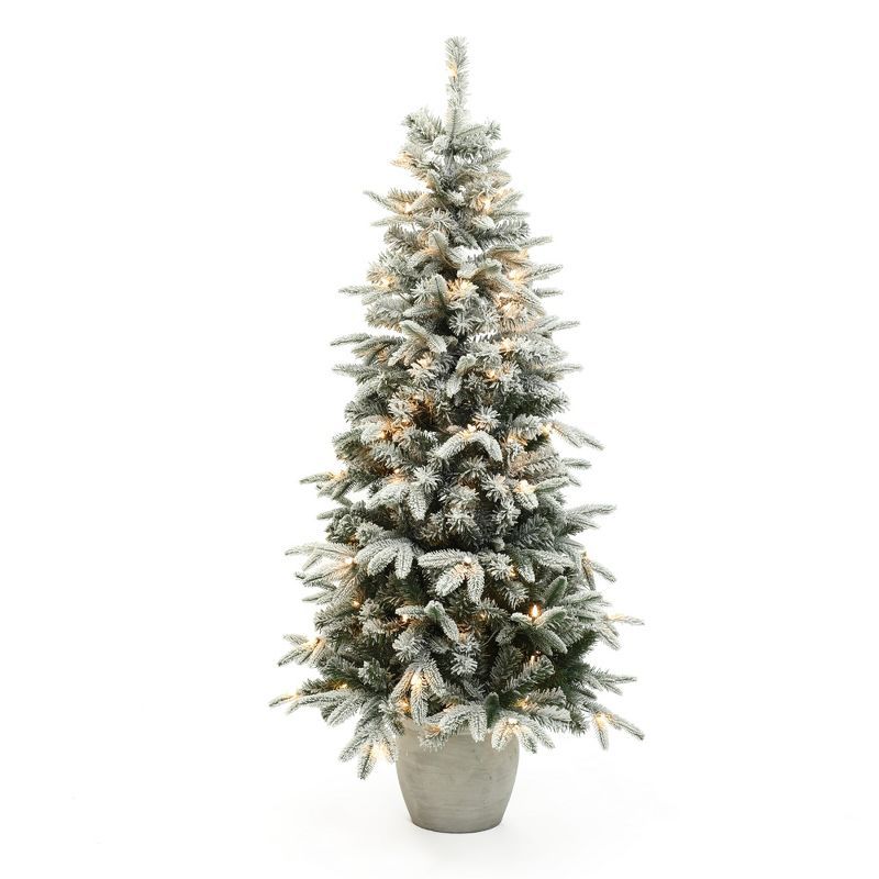 5-Foot Pre-Lit Snow Flocked Slim Fir Potted Artificial Christmas Tree