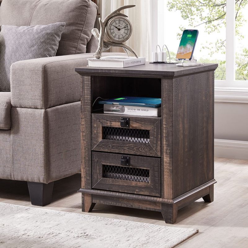 Dark Rustic Oak 18'' Nightstand with Charging Station and 2 Drawers