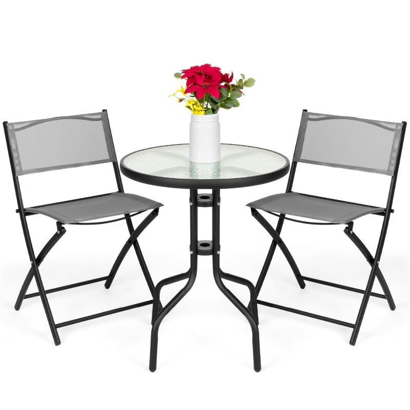 Gray 3-Piece Patio Bistro Set with Glass Tabletop and Folding Chairs