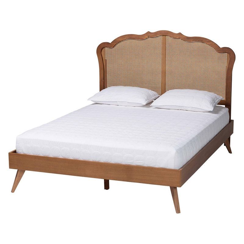 Walnut Brown Queen Wood Frame Platform Bed with Rattan Headboard