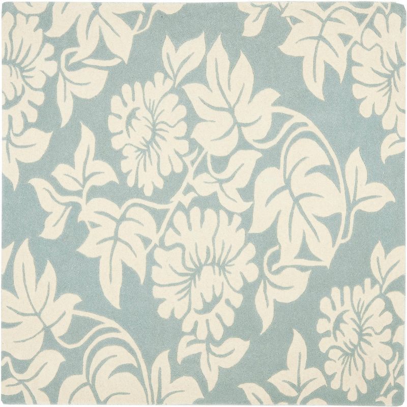 Blue and Ivory Floral Tufted Wool Square Rug