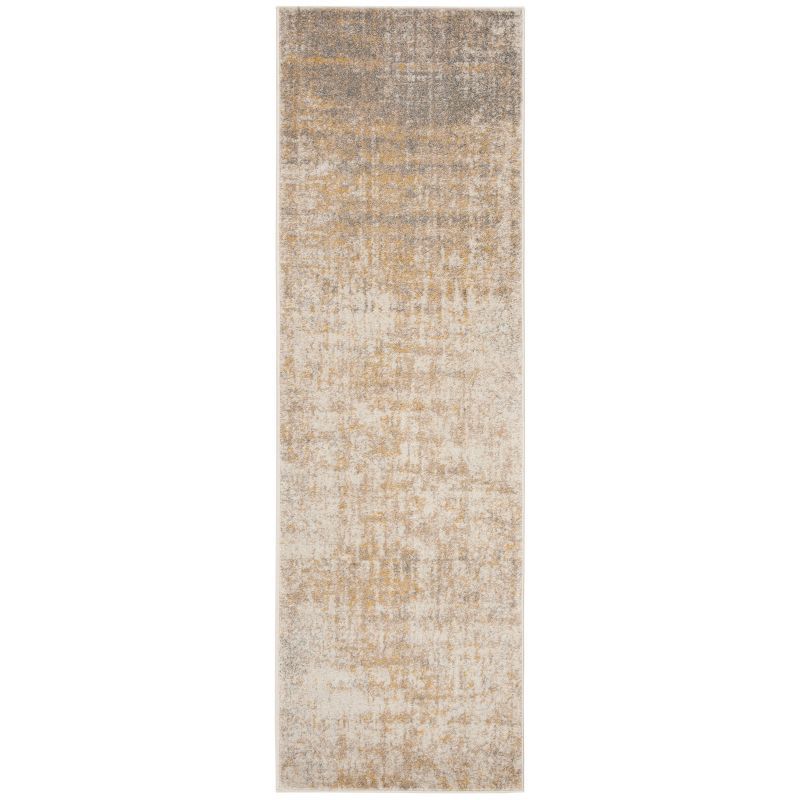 Cream and Gold Abstract Synthetic Runner Rug