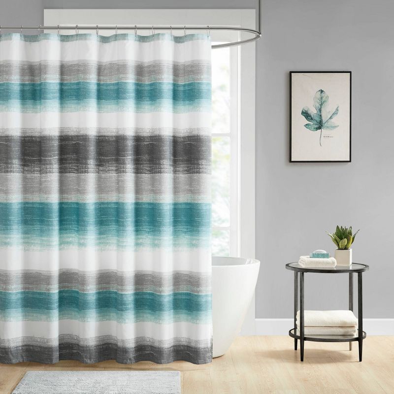 Aqua and Grey Watercolor Stripe Shower Curtain with Liner