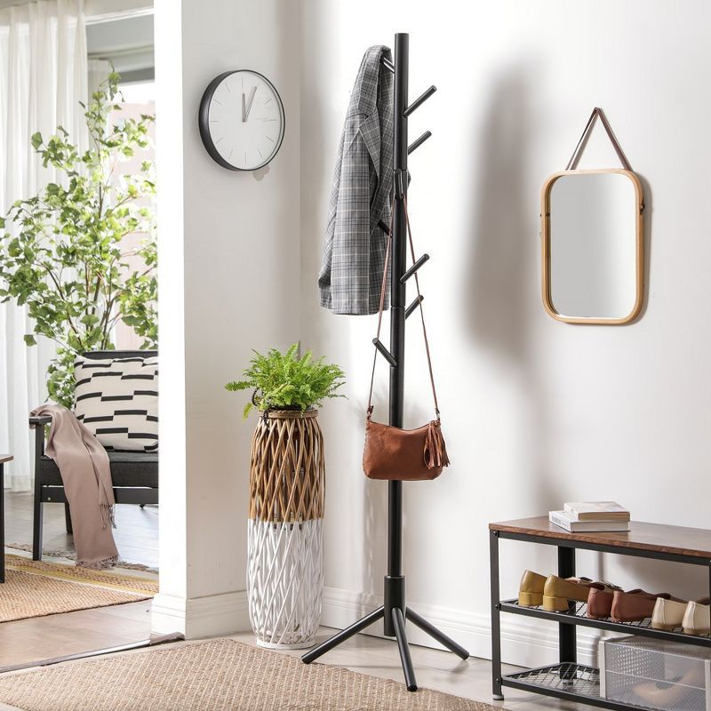 Black Solid Wood Free Standing Coat Rack with 8 Hooks