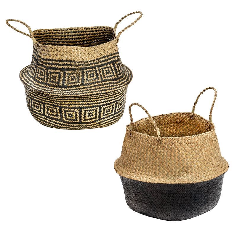 Modern Round Seagrass Folding Storage Baskets, Black & Natural