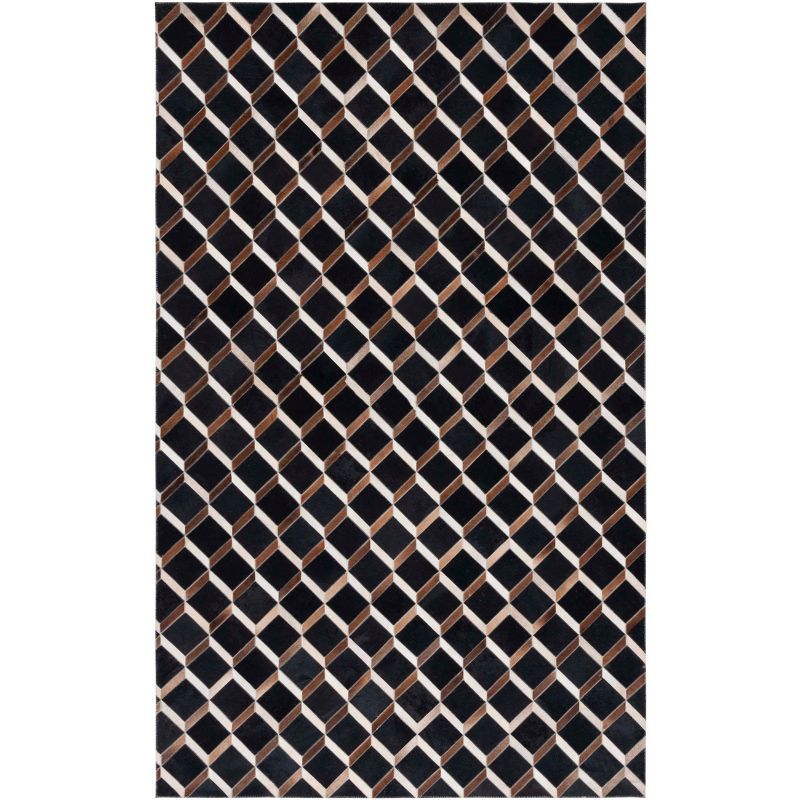 Contemporary Geometric Hand-Knotted Black and Brown Wool & Cowhide Rug - 3' x 5'