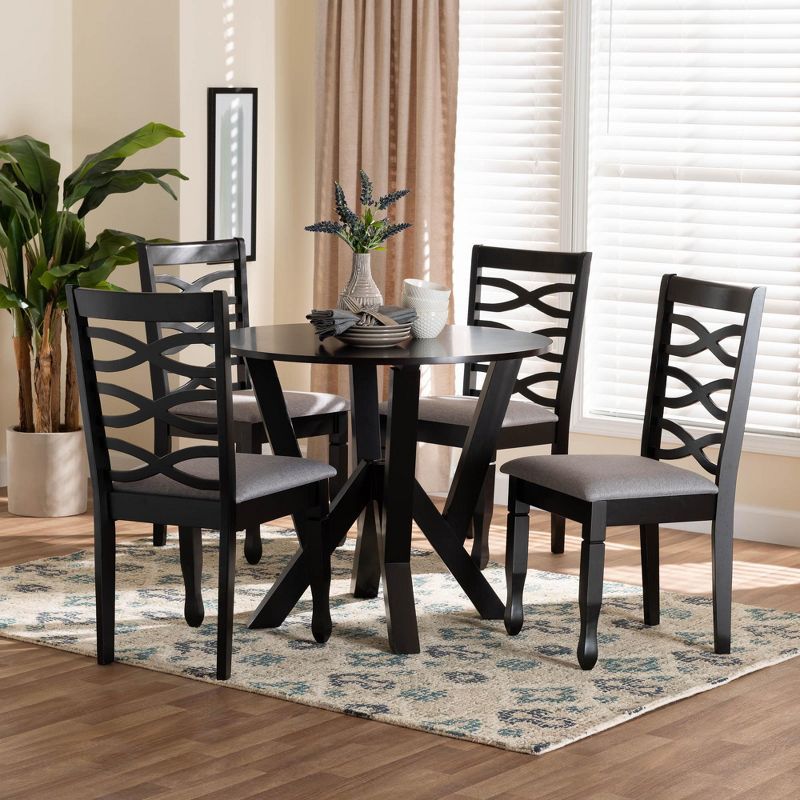 Ariane 5-Piece Dark Brown Rubberwood Dining Set with Grey Cushions