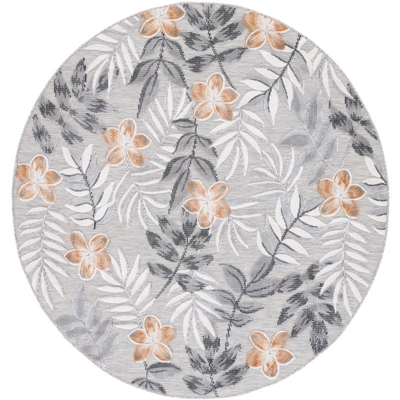 Grey and Ivory Floral Round Washable Synthetic Rug