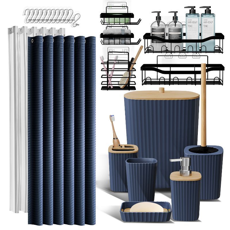 Navy Blue and Bamboo Bathroom Accessories Set with Metal Shower Caddy