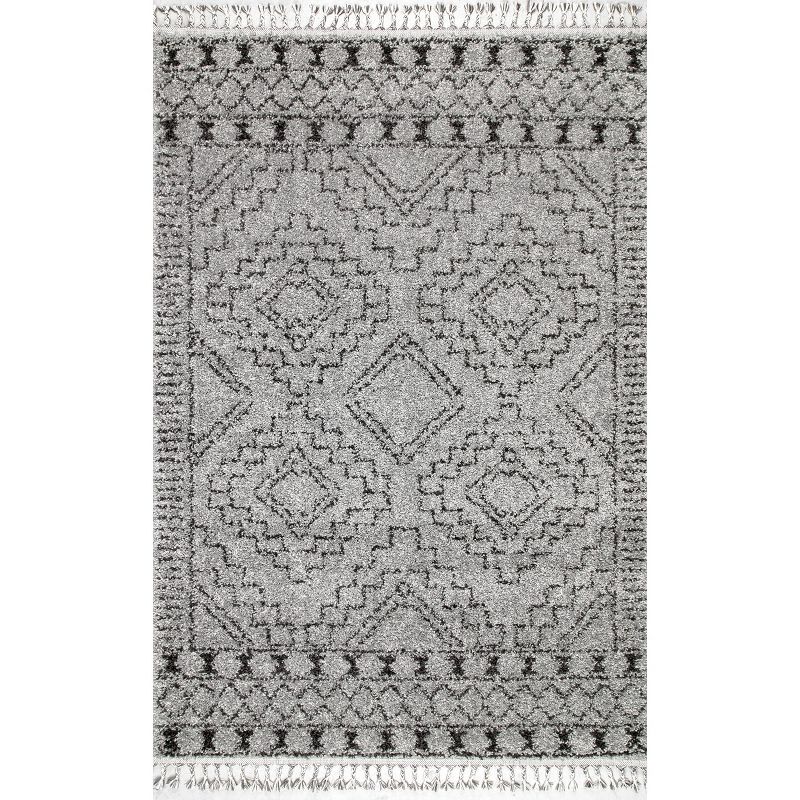 Tasseled Geometric Shag Area Rug in Gray, 12' x 15', Synthetic