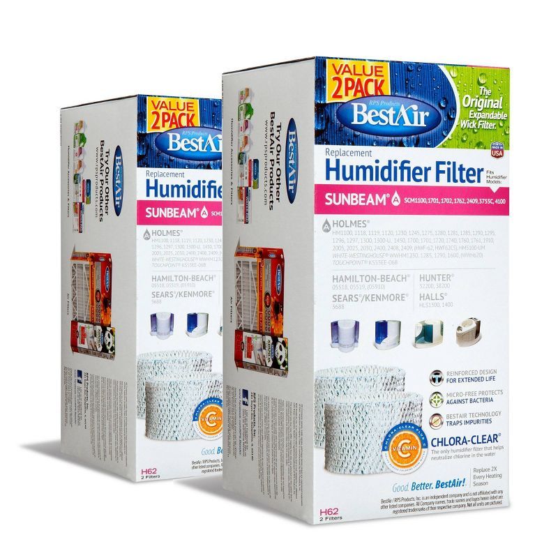 BestAir H62 Extended Life Humidifier Replacement Wick Filter 2-Pack