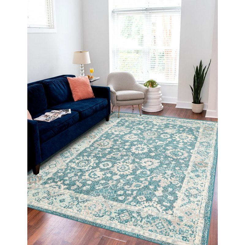 Turquoise and Beige Floral Synthetic 10' x 14' Area Rug