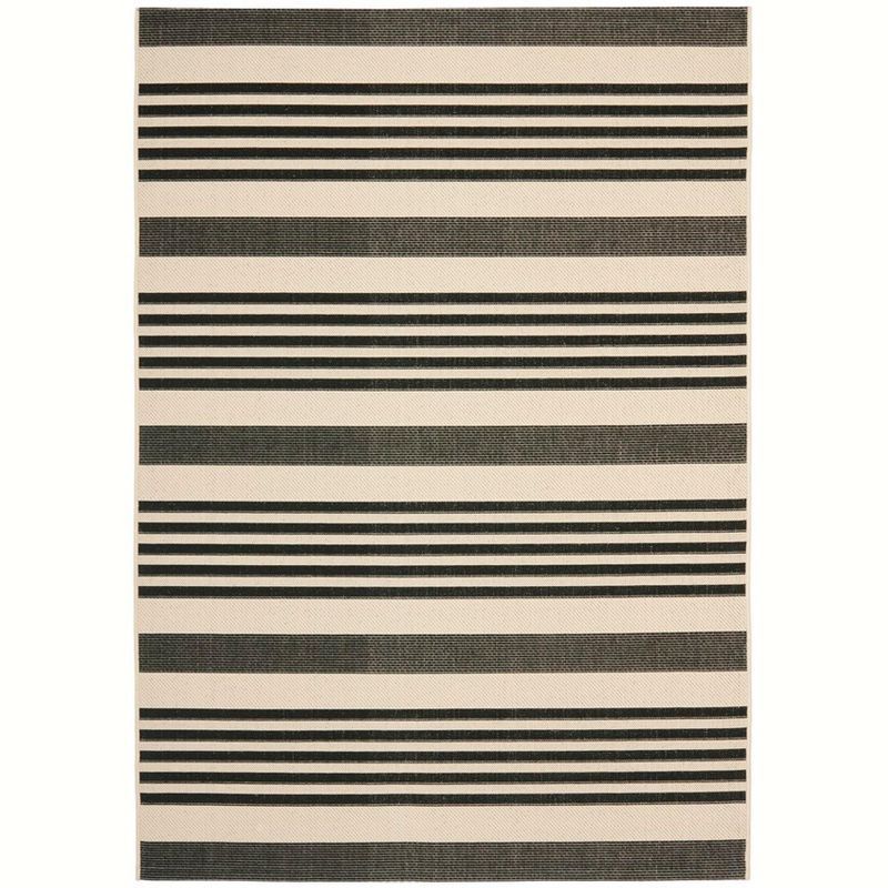 Black and Bone Striped Synthetic Indoor/Outdoor Area Rug