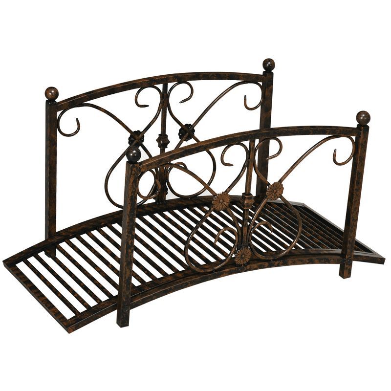 Brown Metal 3.3FT Garden Bridge with Floral Scrollwork