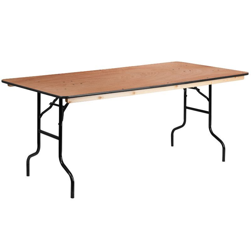 6-Foot Black Metal and Brown Wood Folding Banquet Table