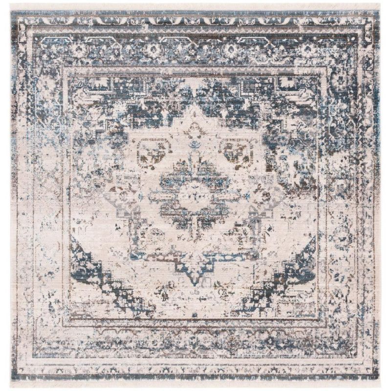 Ivory and Blue Square Synthetic Vintage Persian Rug