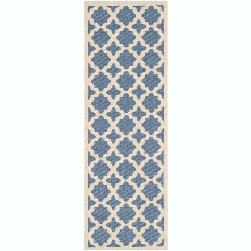 Elegant Blue and Beige 27'' x 120'' Synthetic Indoor/Outdoor Runner Rug