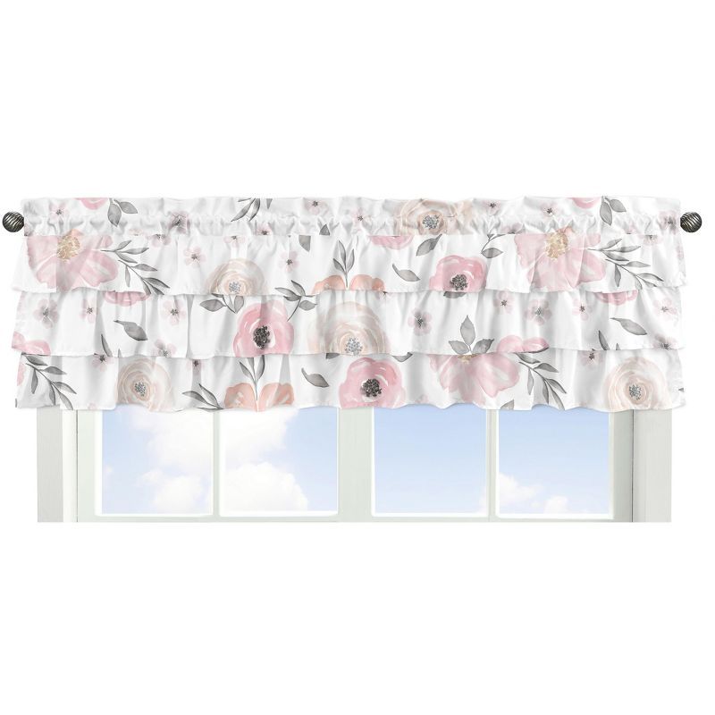 Blush Pink and Grey Floral Ruffled Window Valance