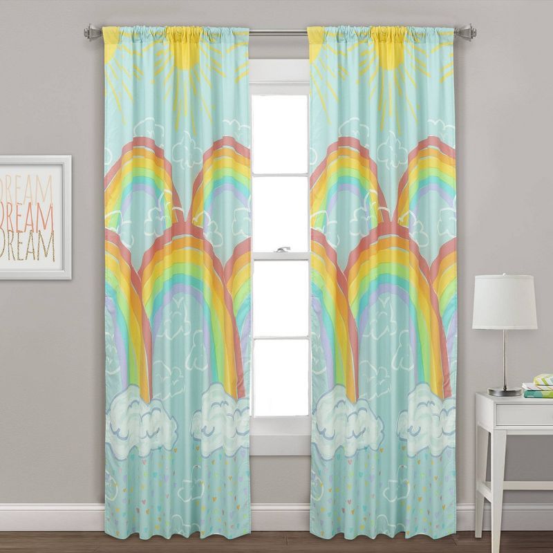 Light Blue Polyester Rainbow Clouds Kids Window Panel Pair