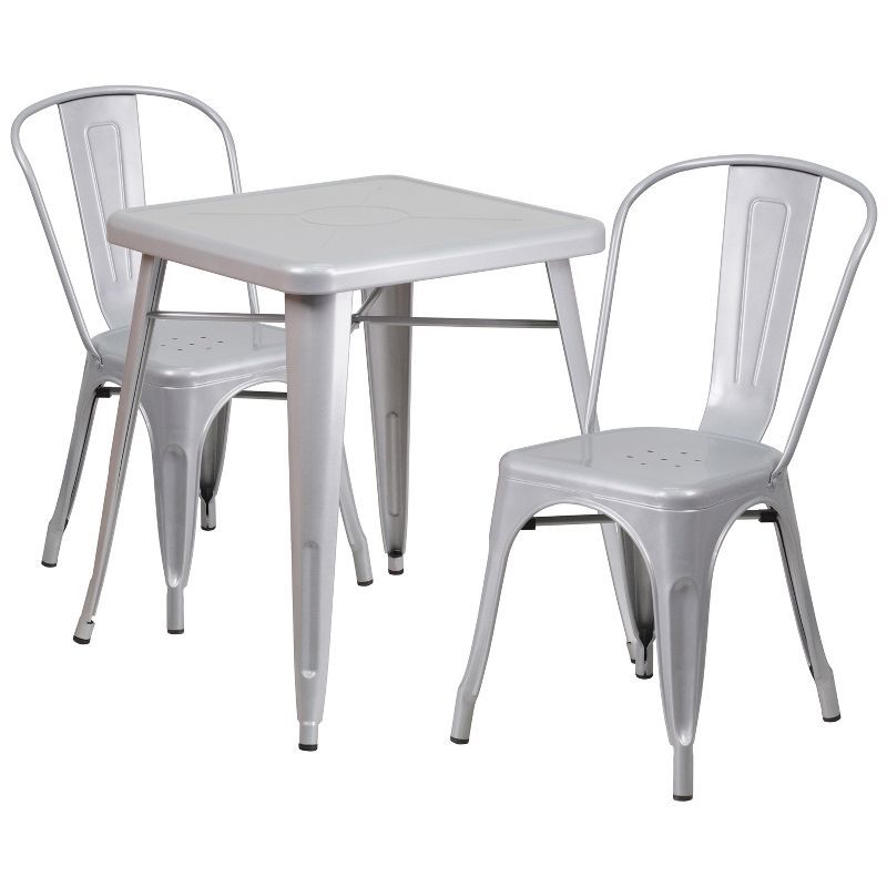 Silver Square Metal Indoor-Outdoor Dining Set with 2 Chairs