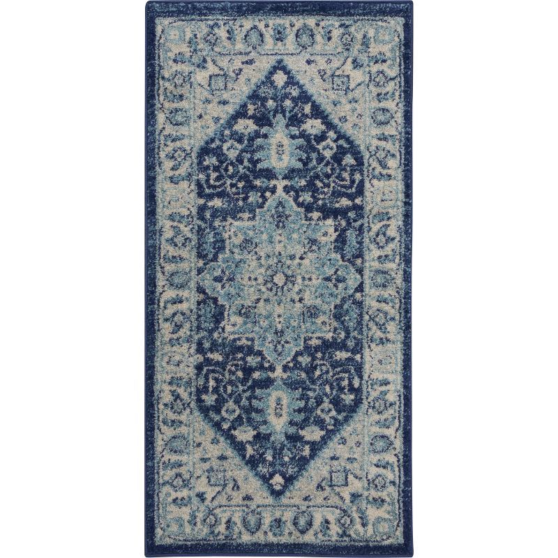 Ivory and Navy Synthetic 24'' Easy-Care Rectangular Area Rug