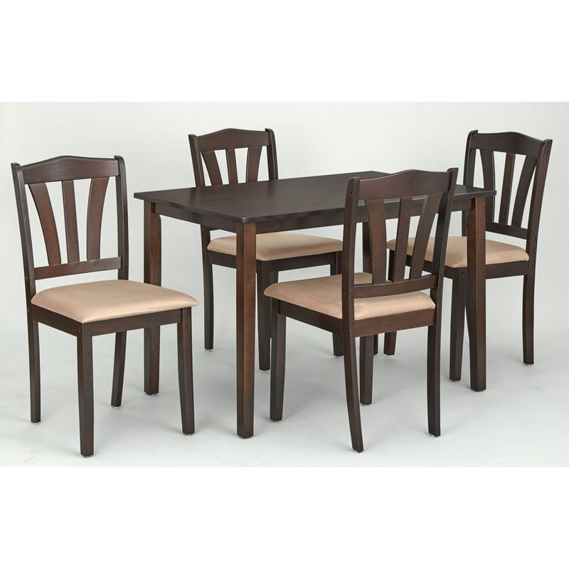 Espresso Rubberwood 5-Piece Dining Set with Beige Microfiber Seats