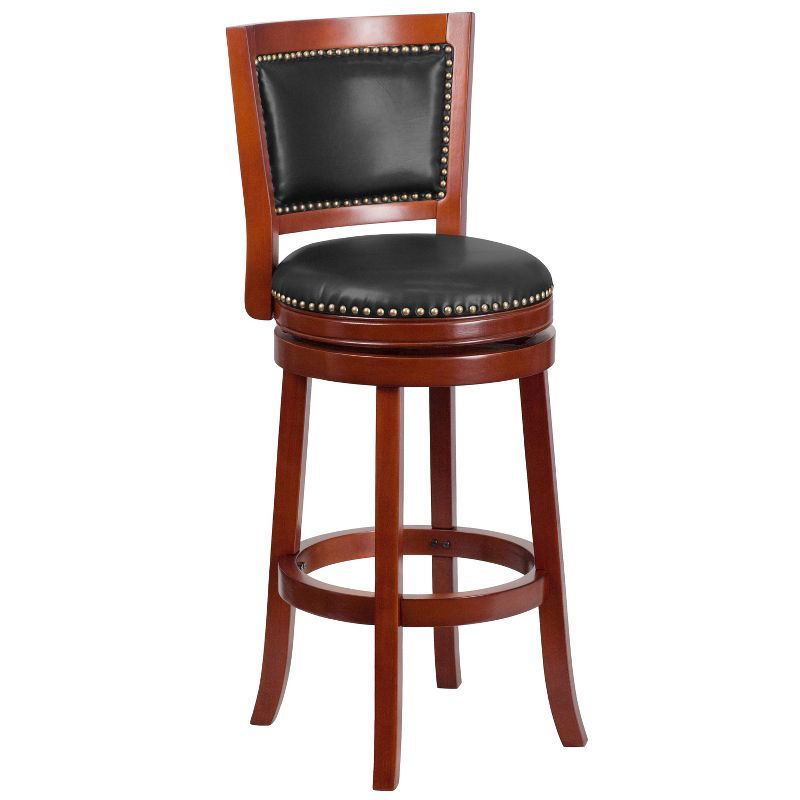 Elegant Dark Cherry Wood Swivel Barstool with Walnut Leather Seat