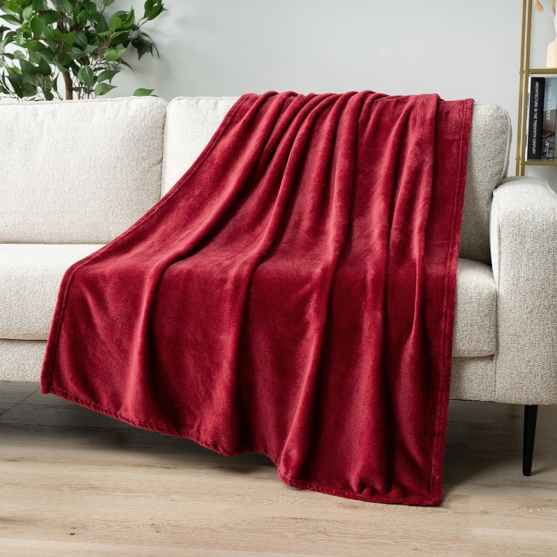 Wine Red Plush Fleece Throw Blanket for Sofa Couch