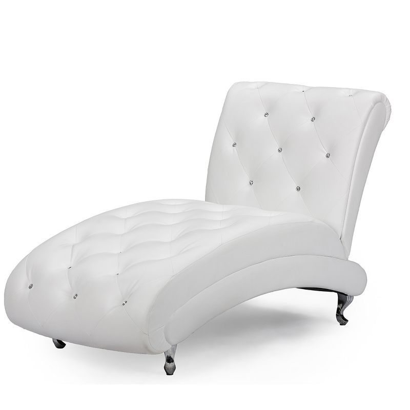 Pease 50'' White Faux Leather Tufted Chaise Lounge with Crystal Accents