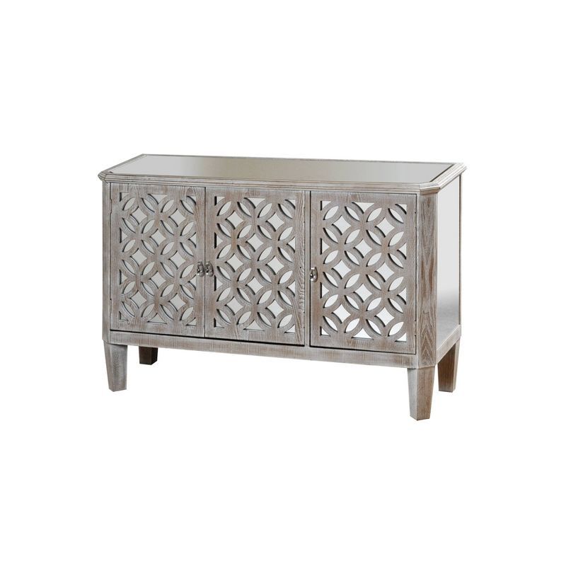 Driftwood Gray Mirrored Filigree 3-Door Cabinet