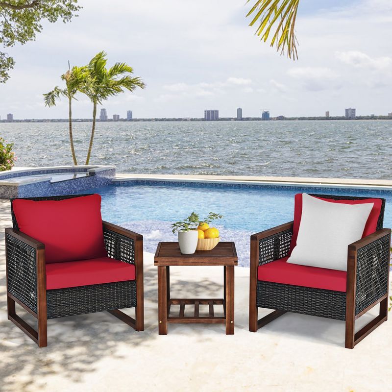 Red Cushioned Acacia Wood and Rattan Patio Set