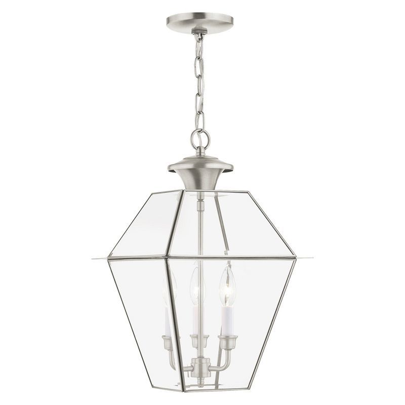 Brushed Nickel 3-Light Outdoor Pendant Lantern with Clear Beveled Glass