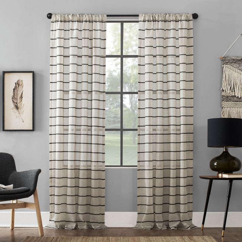 63" x 52" Black Linen Blend Sheer Rod Pocket Curtain Panel